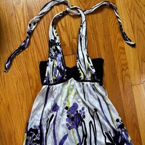 Vintage y2k 2000s satin Bebe halter top with tie neck and floral pattern